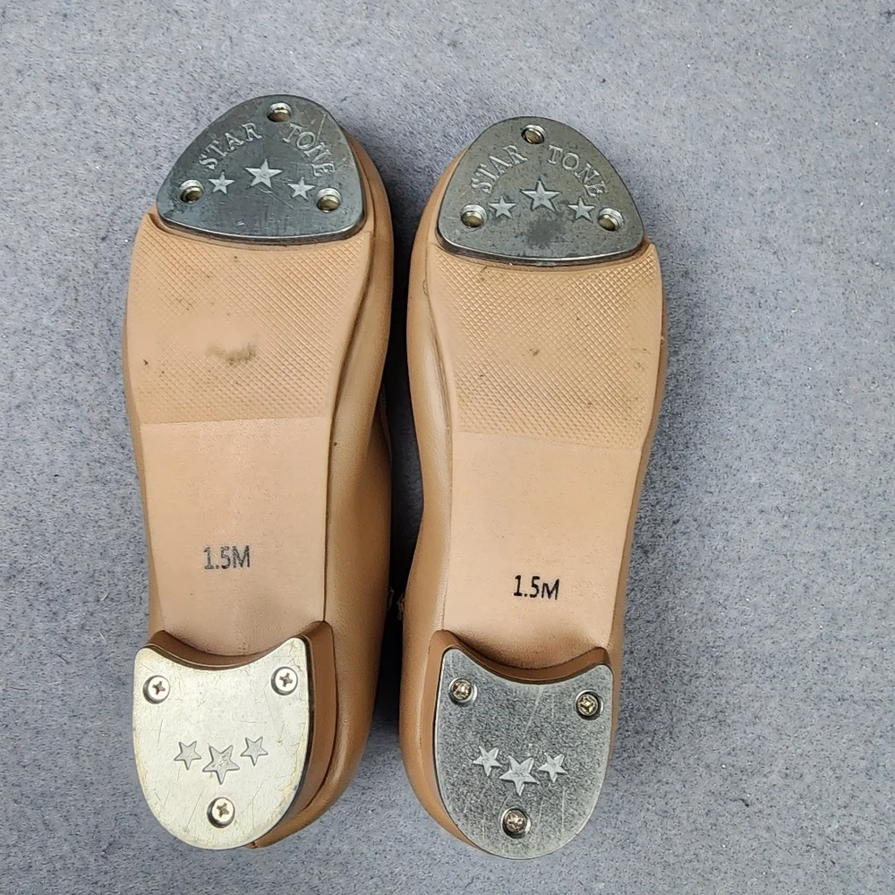 Danshuz Tap Shoes Girls 1.5 Tan Star Tone Taps Adjustable Strap